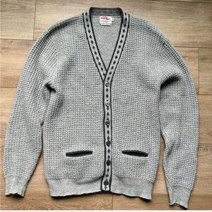 Vintage 70s Rugby Cardigan Wool Blend Waffle Knit Grandpa Sweater M Button Up